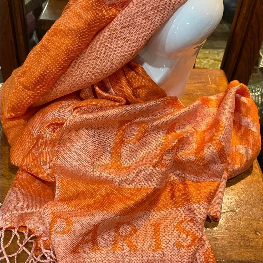 Paris Script Orange Silk Blend Scarf Wrap 80 x 27 inch NWOTs